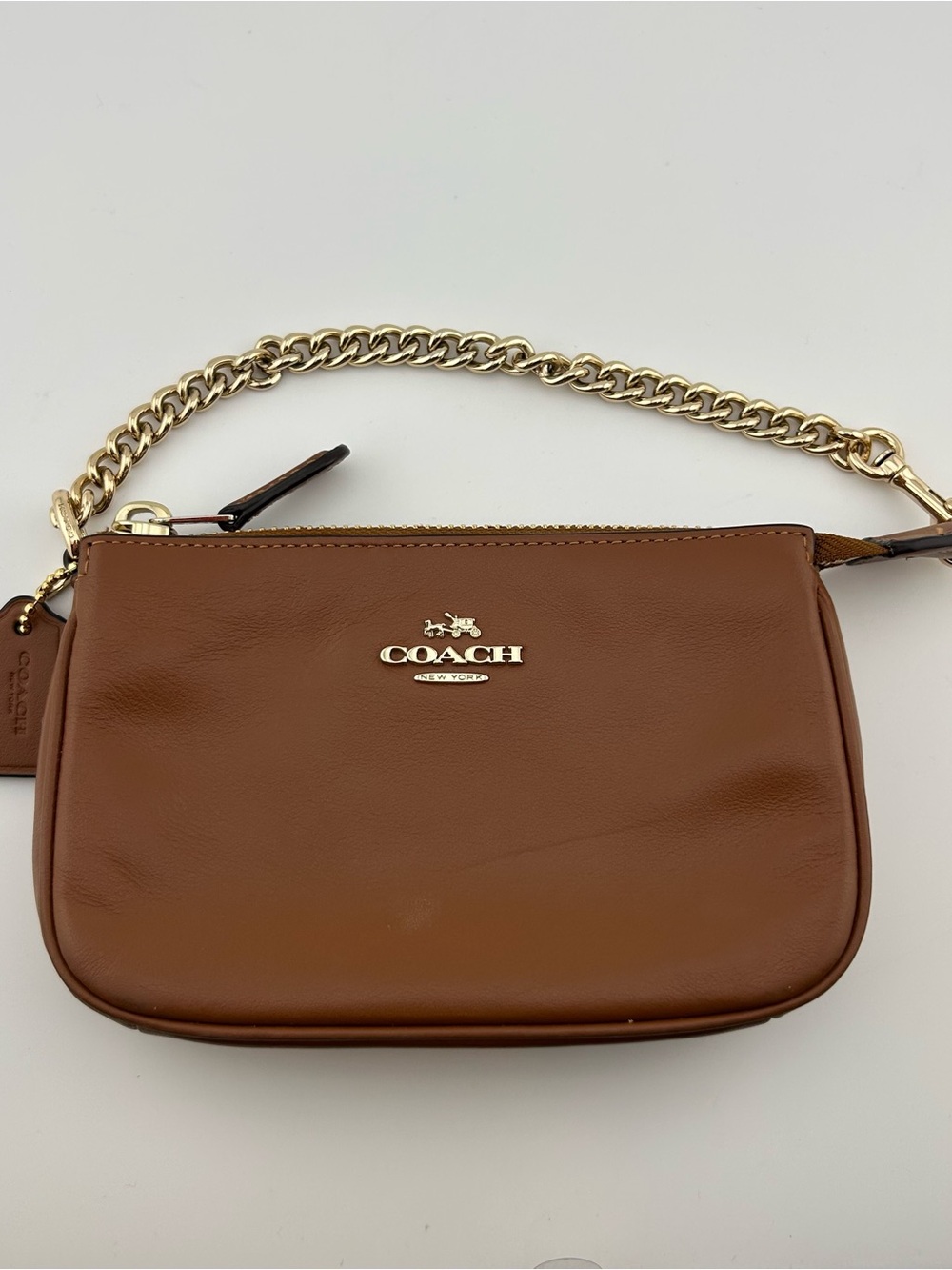 Coach New York Brown Leather Wristlet Pouch Gold Chain Zip Top Clutch Bag